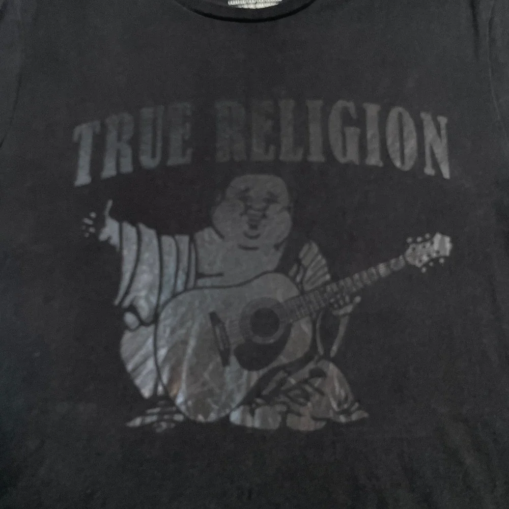 True Religion Mens T-Shirt L Black Graphic Buddha Guitar World Tour Tee
